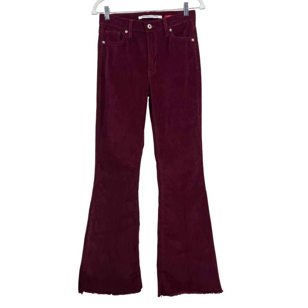 Celebrity Pink Women 5/27 Flare Pants Burnt Red Corduroy‎ High Rise Raw Hem